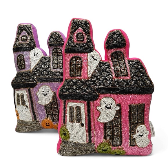 Cupcakes & Cashmere Set of 2 Beaded Halloween Ghost Haunted House Pillows NEW - Picture 1 of 5